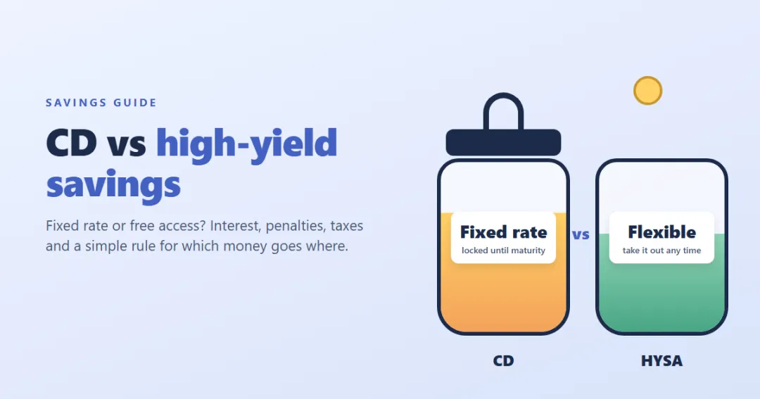 CD vs high-yield savings account — a locked jar with a fixed rate next to an open jar with a variable rate