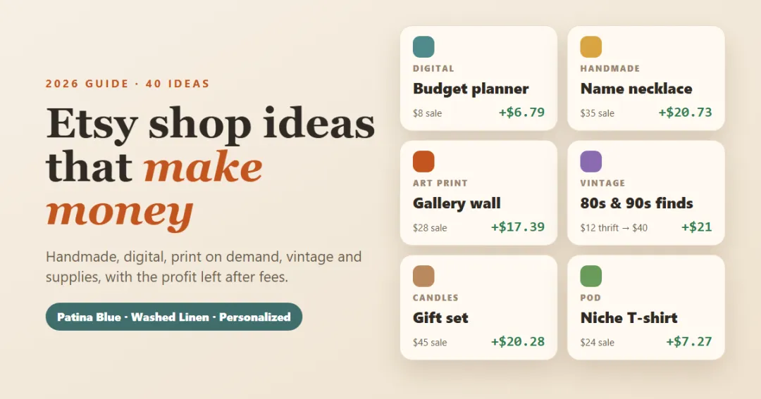 Etsy shop ideas for 2026 — handmade, digital, print on demand and vintage products with the profit left after fees