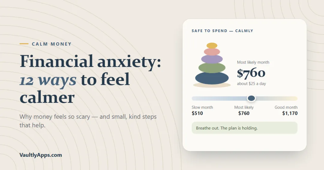 Financial anxiety — a calm stone cairn with a slow, likely and good month range instead of one scary number
