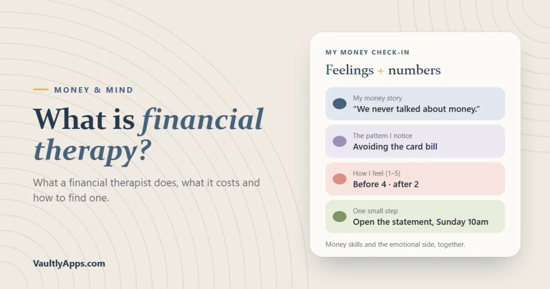 What is financial therapy — a calm notebook page with money feelings, money habits and one small step