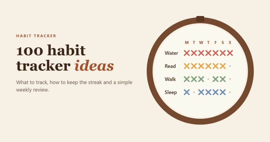 Habit tracker ideas — a cross-stitch habit grid with water, read, walk and sleep rows