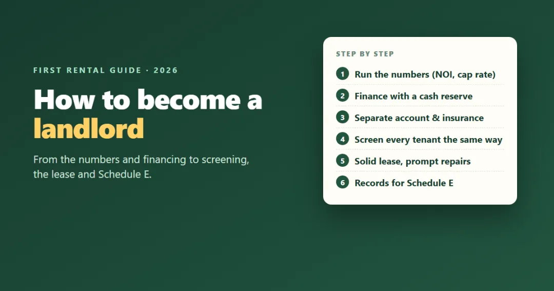 How to become a landlord — a house with keys and a checklist from numbers to first tenant