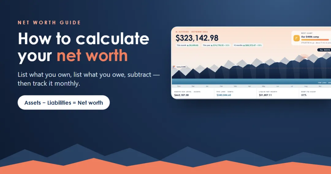 How to calculate your net worth — total assets minus total liabilities, shown as a mountain above a lake of debts