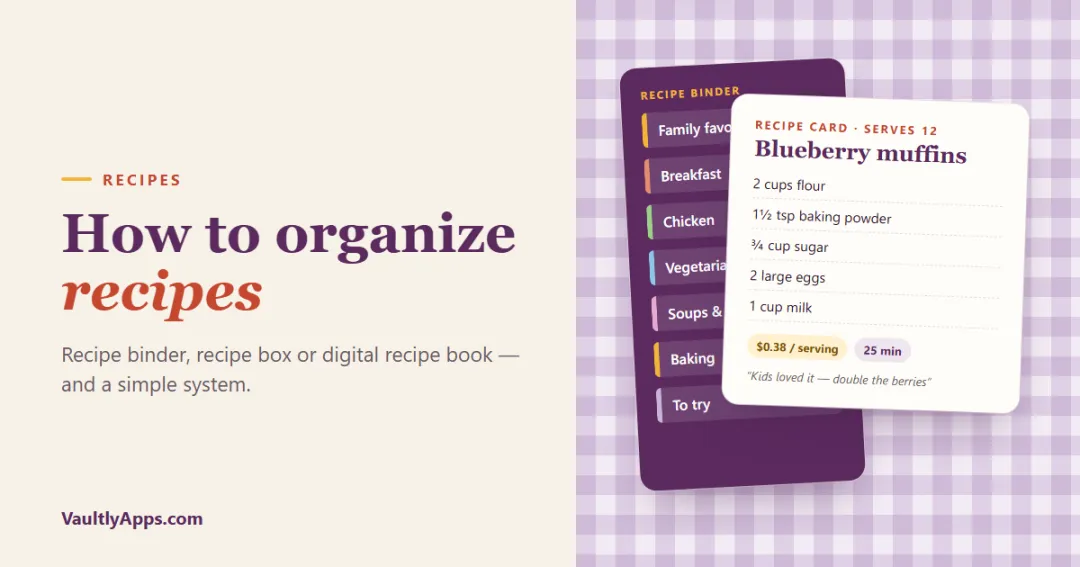 Recipe binder tabs next to recipe cards with cost per serving
