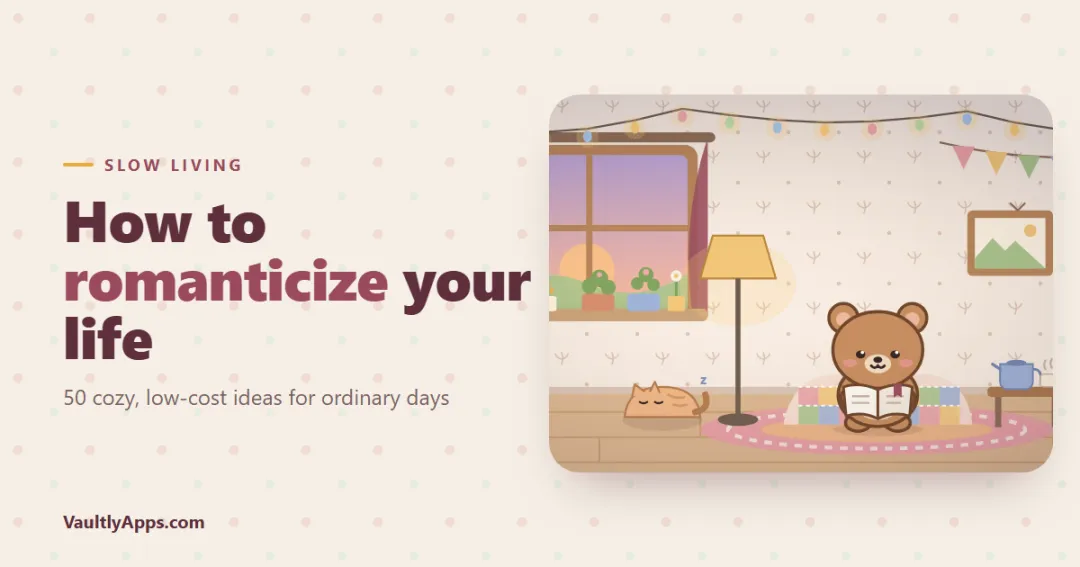 How to romanticize your life — a cozy room with fairy lights, tea and a window at dusk