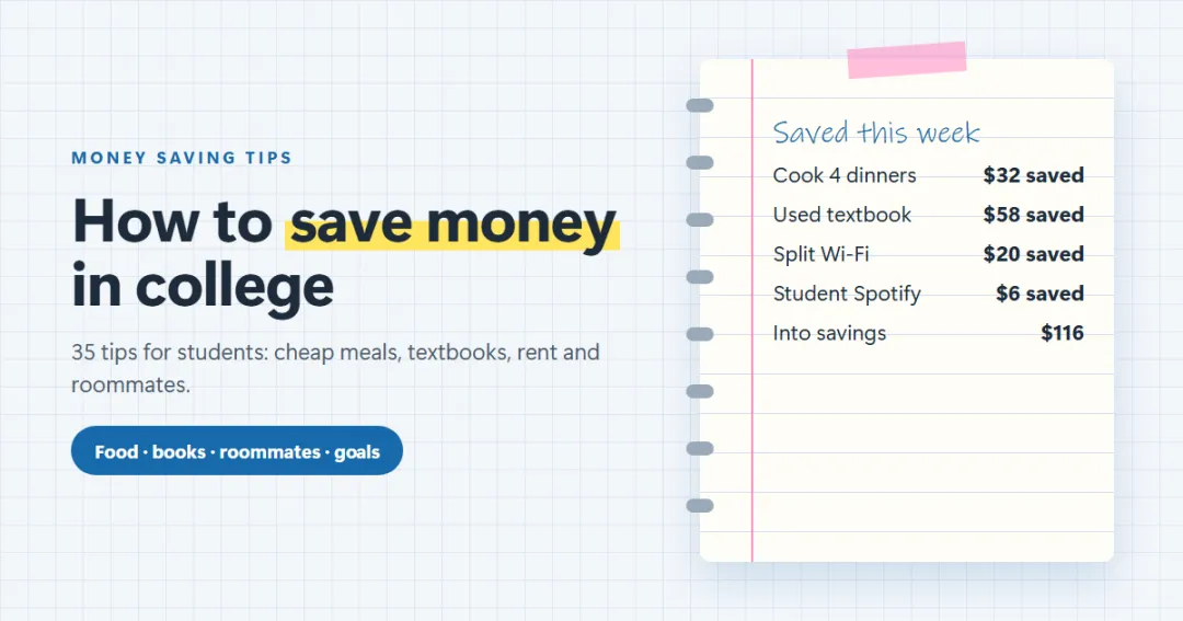 How to save money in college — a savings jar, textbooks and a grocery list on a notebook page
