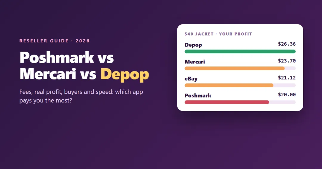 Poshmark vs Mercari vs Depop vs eBay — the same jacket's payout on four reselling apps