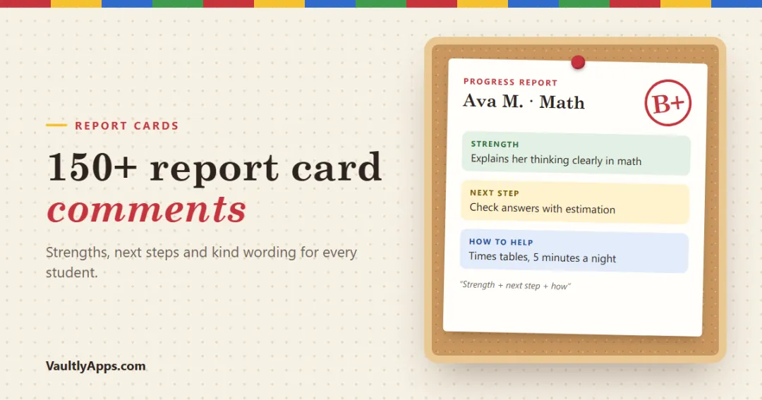 Report card comments: a progress report with a grade, strengths, next steps and a note home