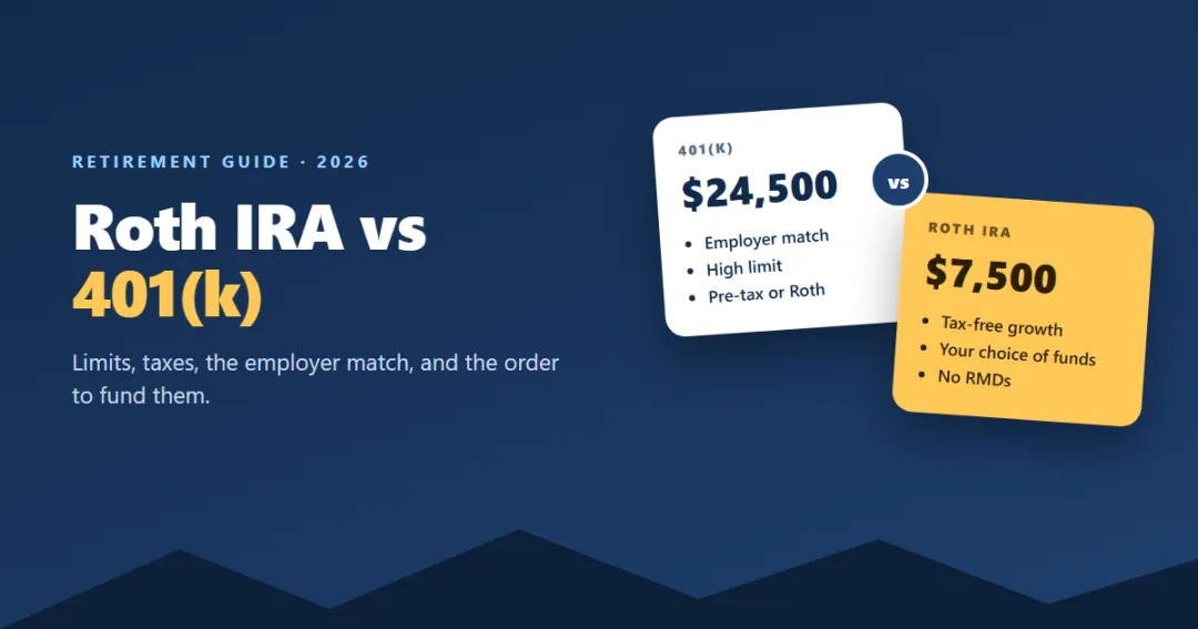 Roth IRA vs 401(k) — two paths up a mountain to retirement, one with an employer match and one tax-free