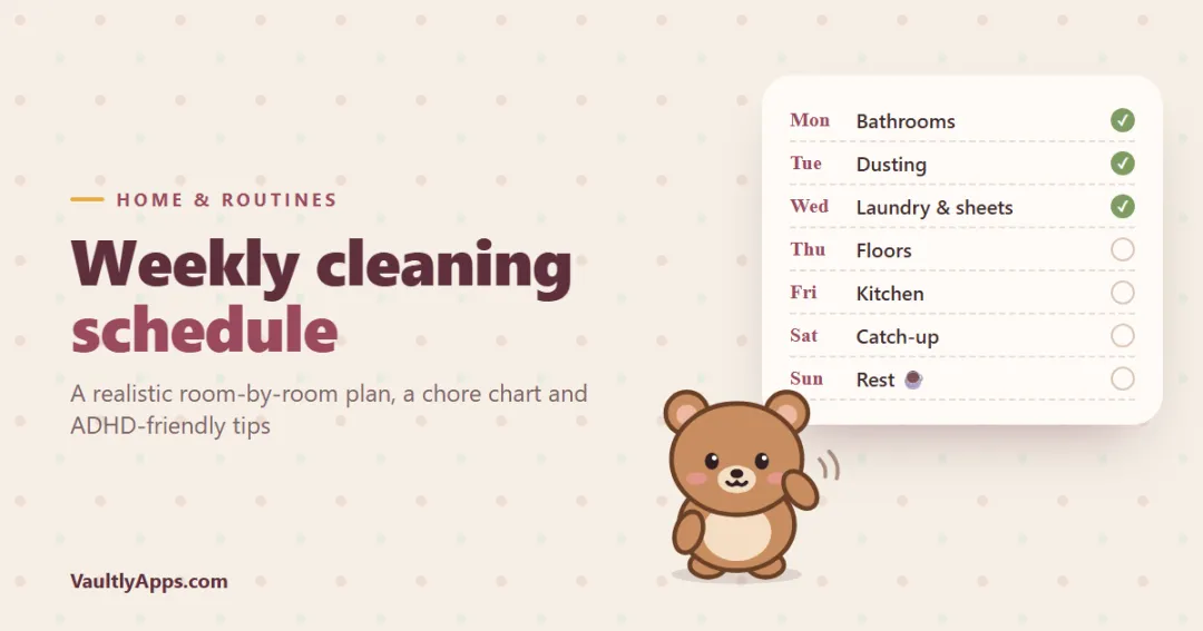 Weekly cleaning schedule — seven days with one cleaning focus each, in a cozy home