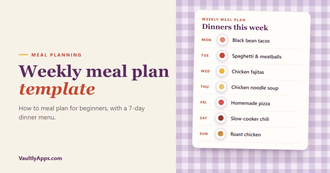 Weekly meal plan template with seven dinners, theme nights and a grocery list