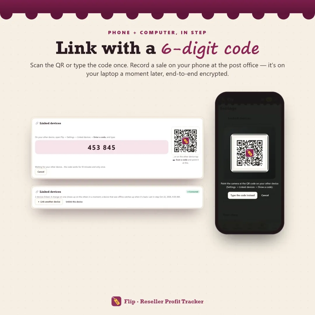Phone and laptop linked with a 6-digit code or QR