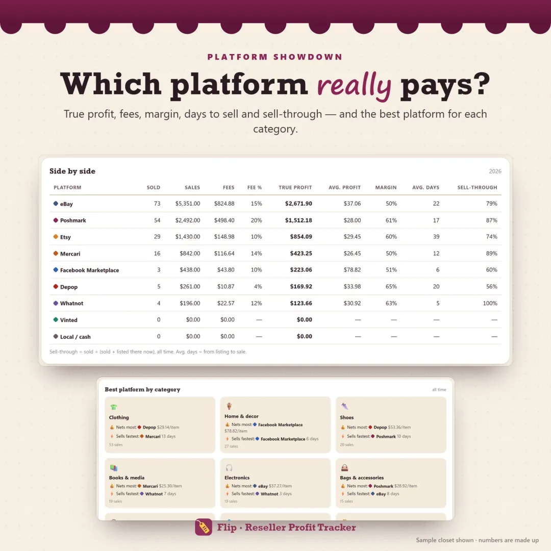 Platforms side by side with fees, true profit, margin, days to sell and sell-through rate