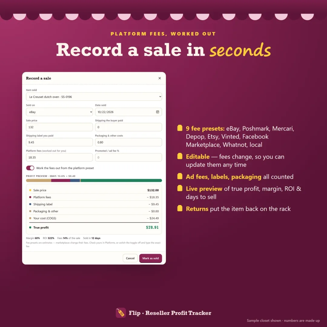 Recording a sale with eBay, Poshmark, Mercari, Depop and Etsy fees worked out automatically