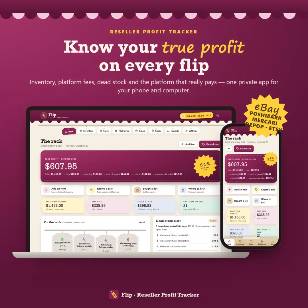 Flip reseller profit tracker app showing true profit this month, quick keys and a rack of listed items