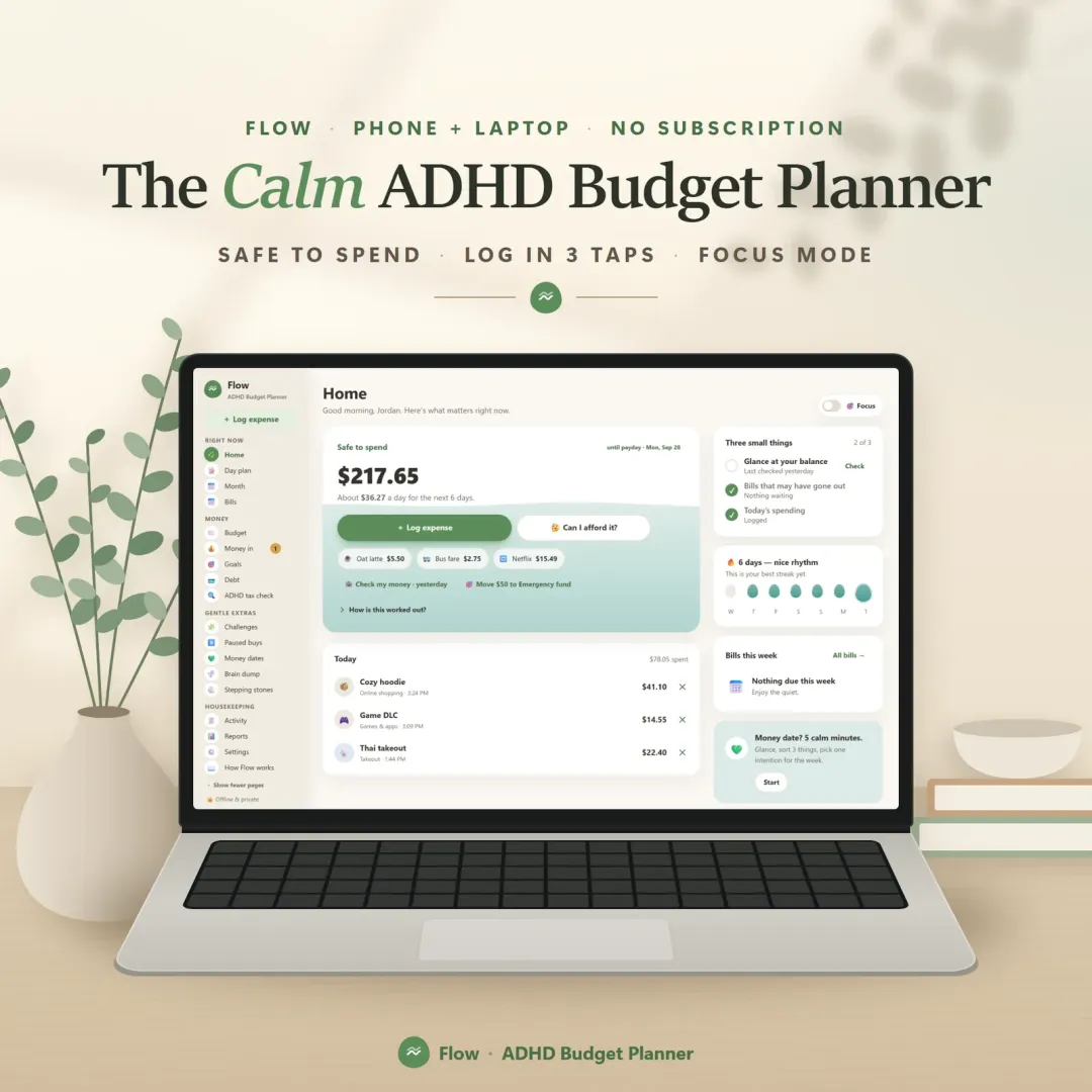Flow ADHD budget planner showing a calm Safe to Spend screen