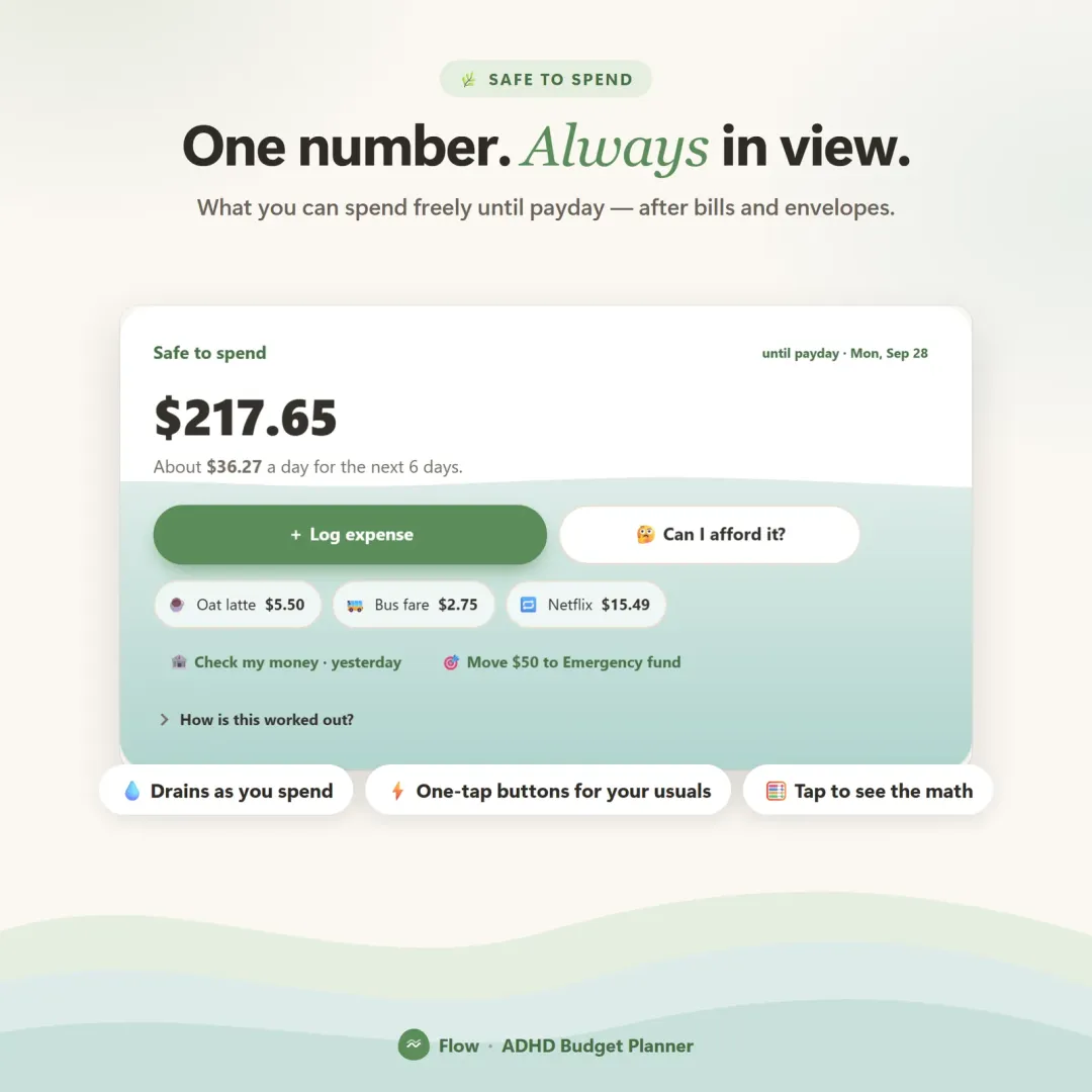 Flow's Safe to Spend card with the amount free until payday and a per-day figure
