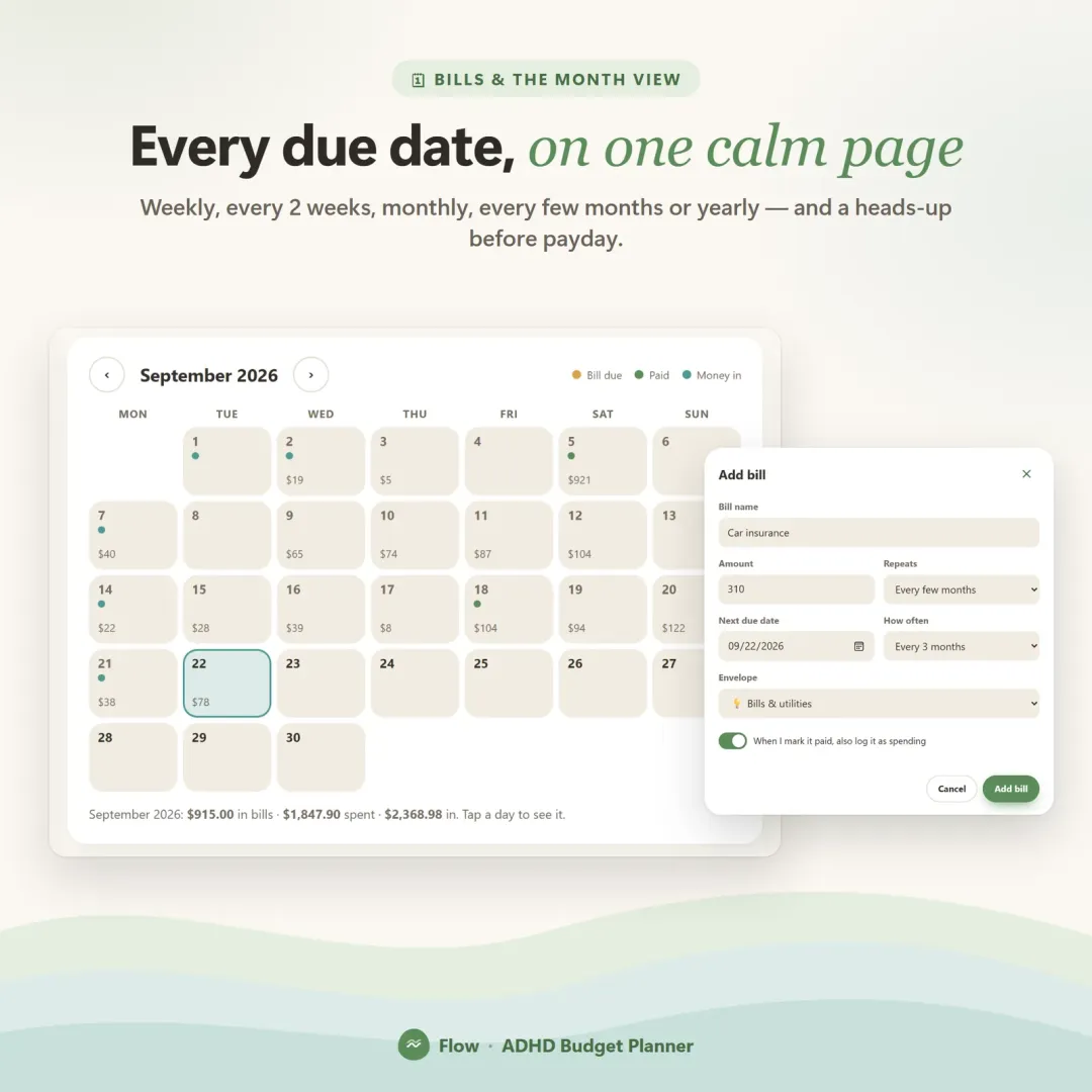 Month calendar with daily spending and upcoming bills