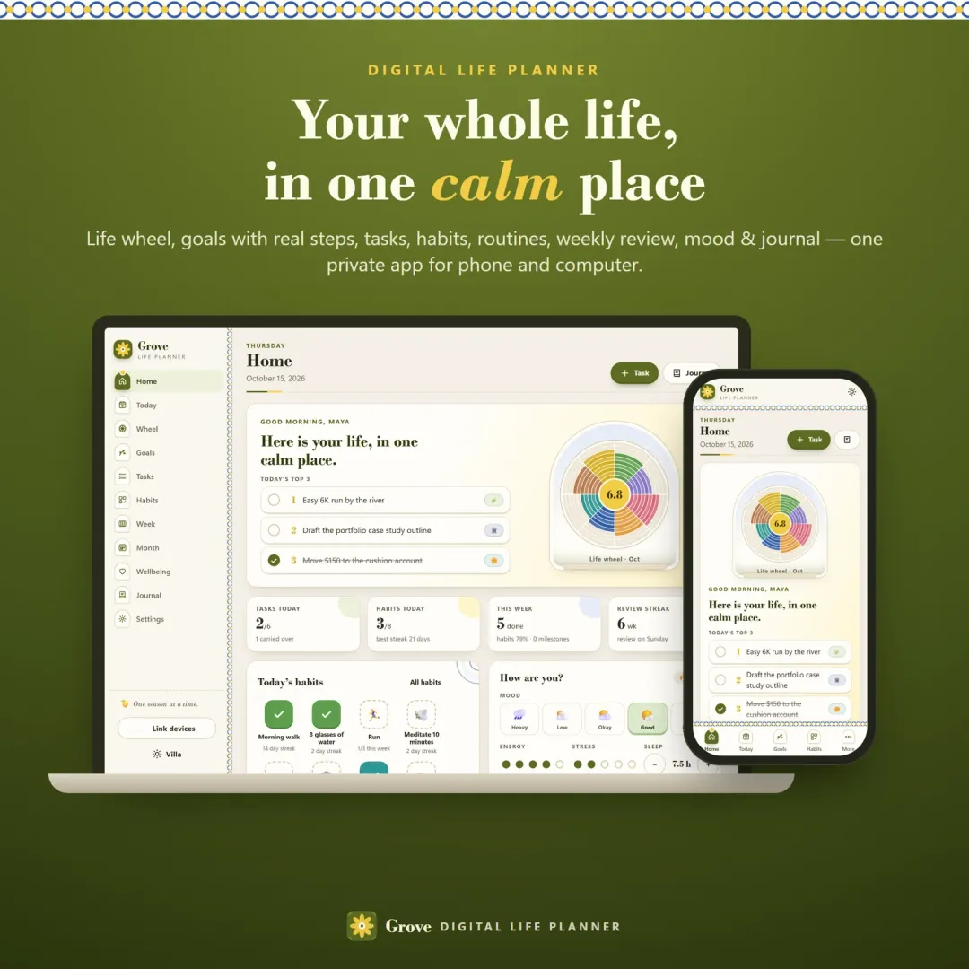 Grove digital life planner showing the home dashboard with a life wheel on a laptop and a phone