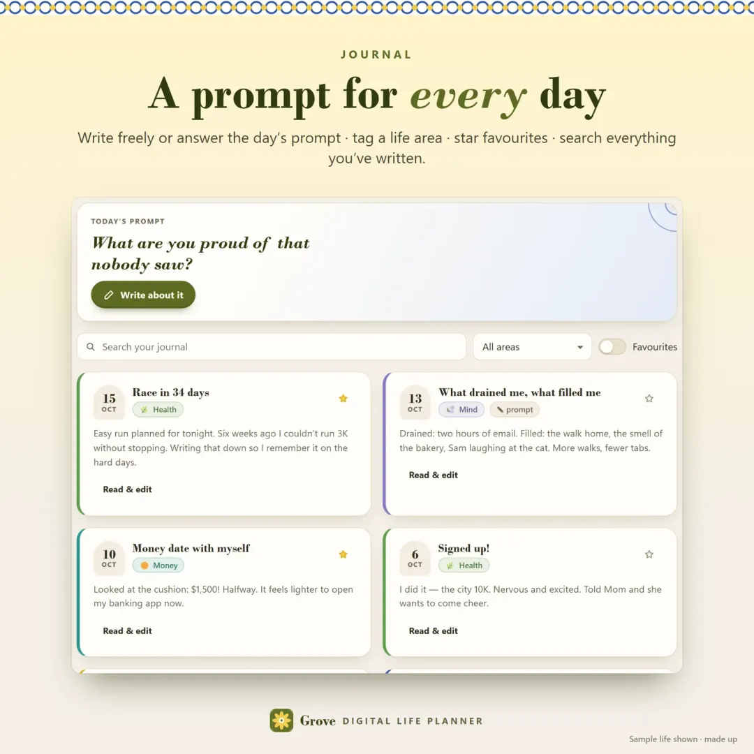 Journal with a daily prompt, area tags, favourites and search