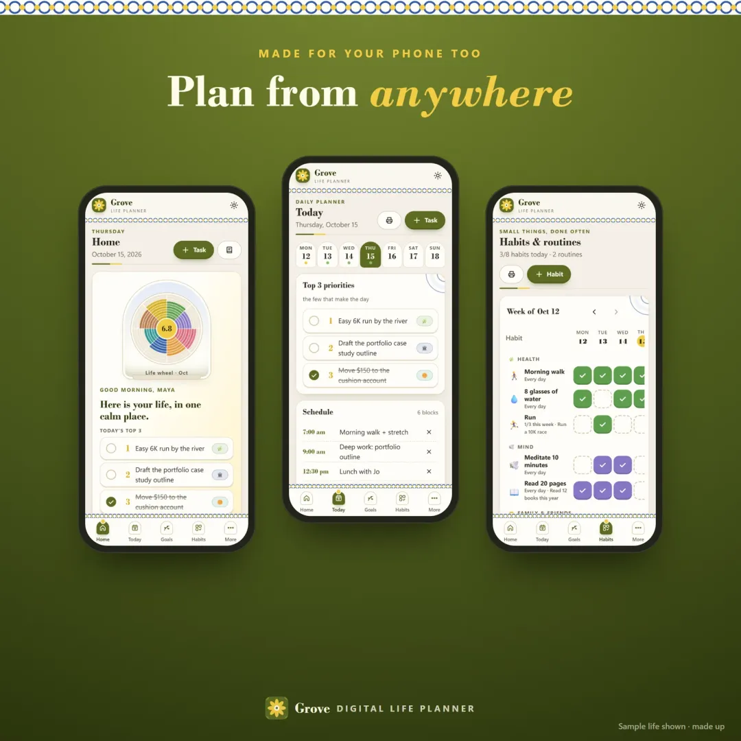 Grove on a phone — home, daily page and habits