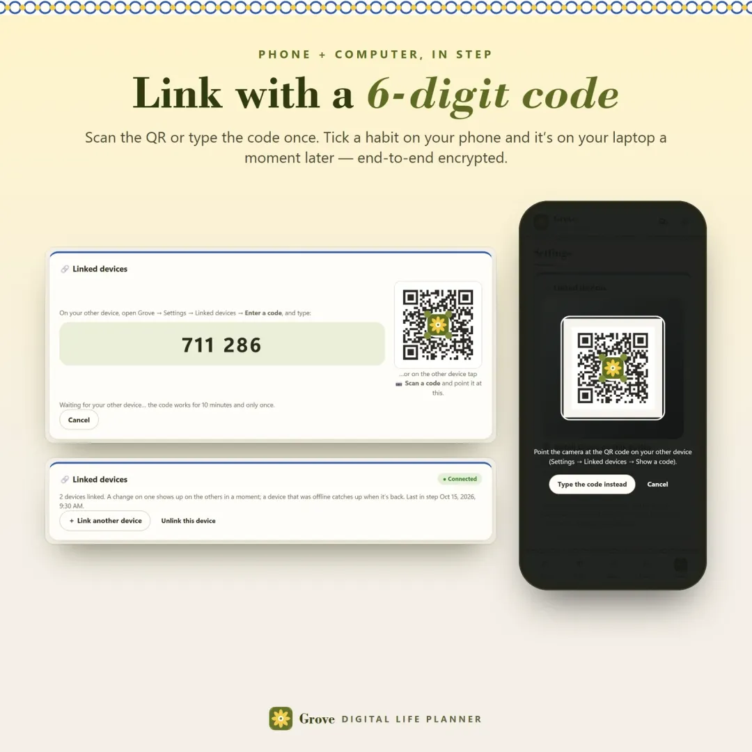 Phone and laptop linked with a 6-digit code or QR