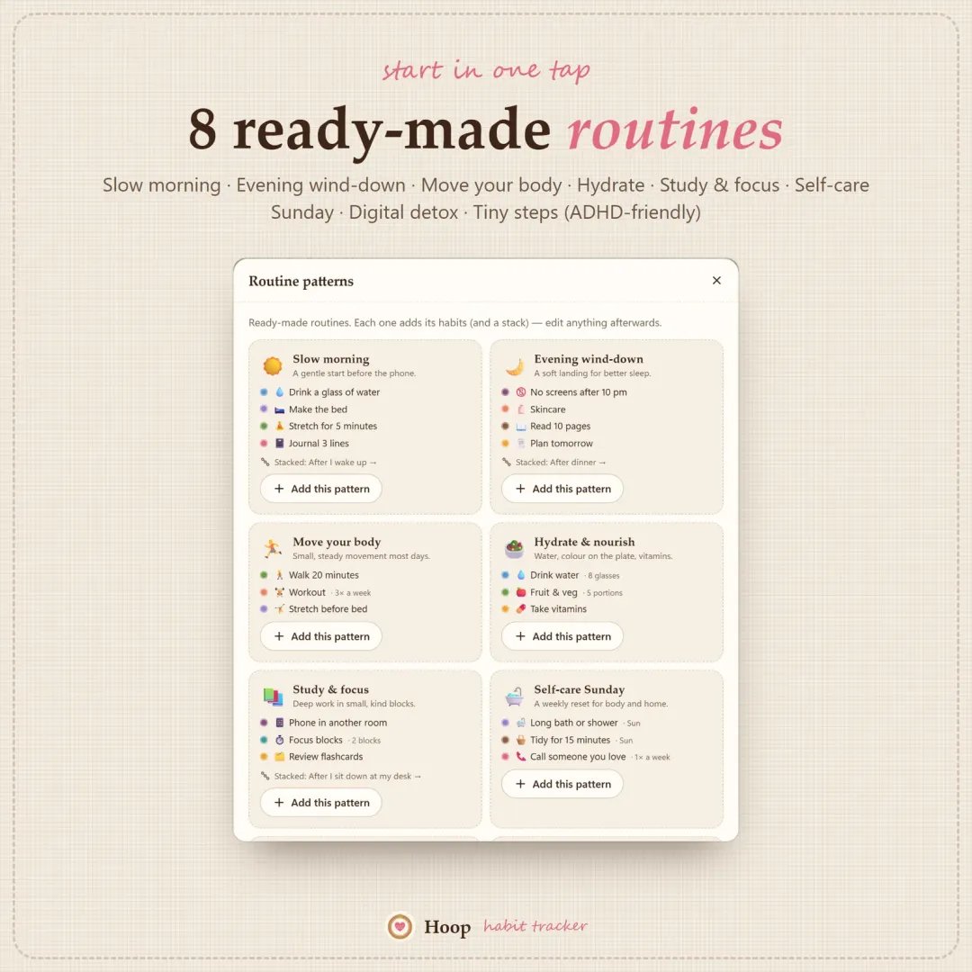 Eight ready-made routines including a slow morning routine, evening wind-down and ADHD-friendly tiny steps