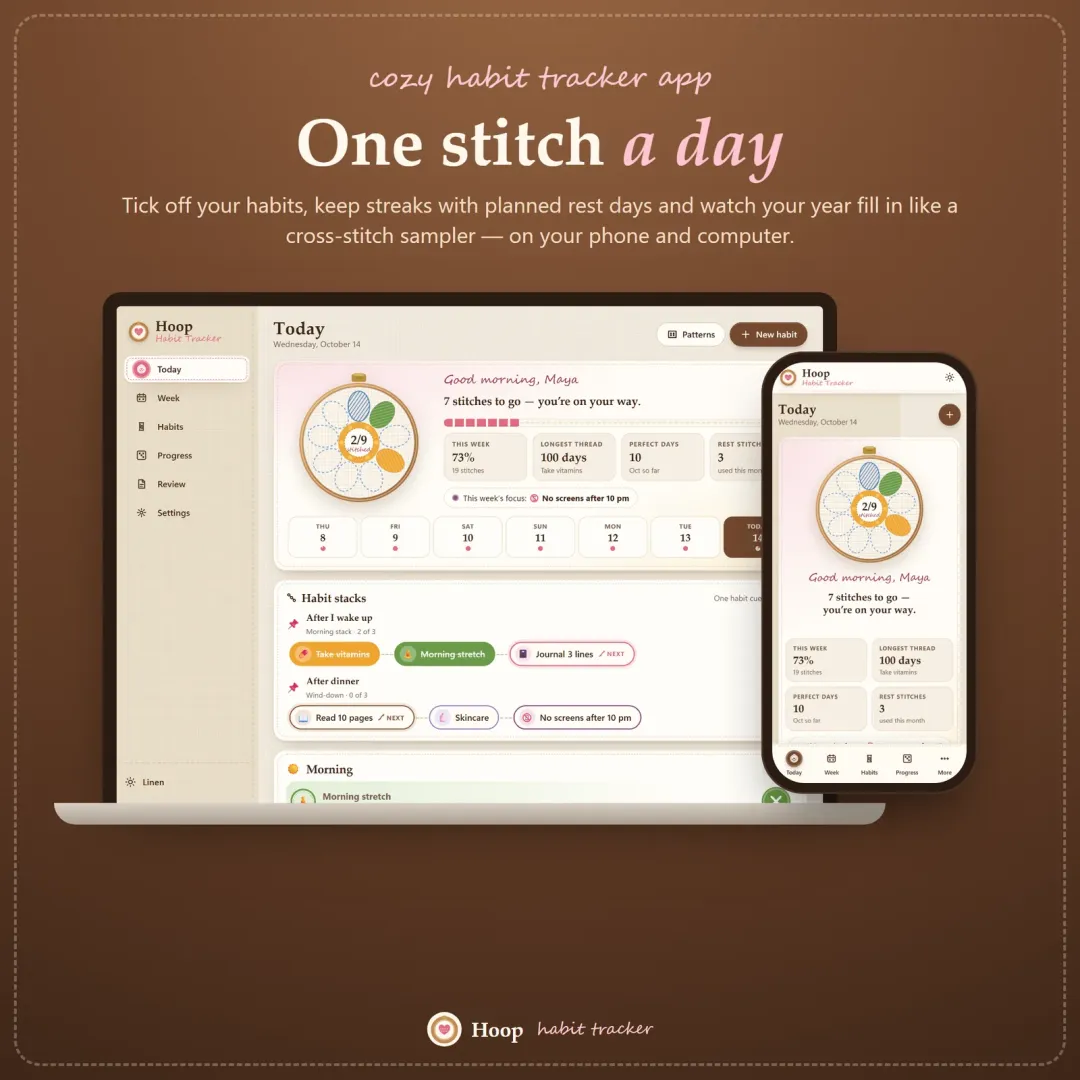 Hoop habit tracker app with today's habits shown as petals of an embroidery hoop flower