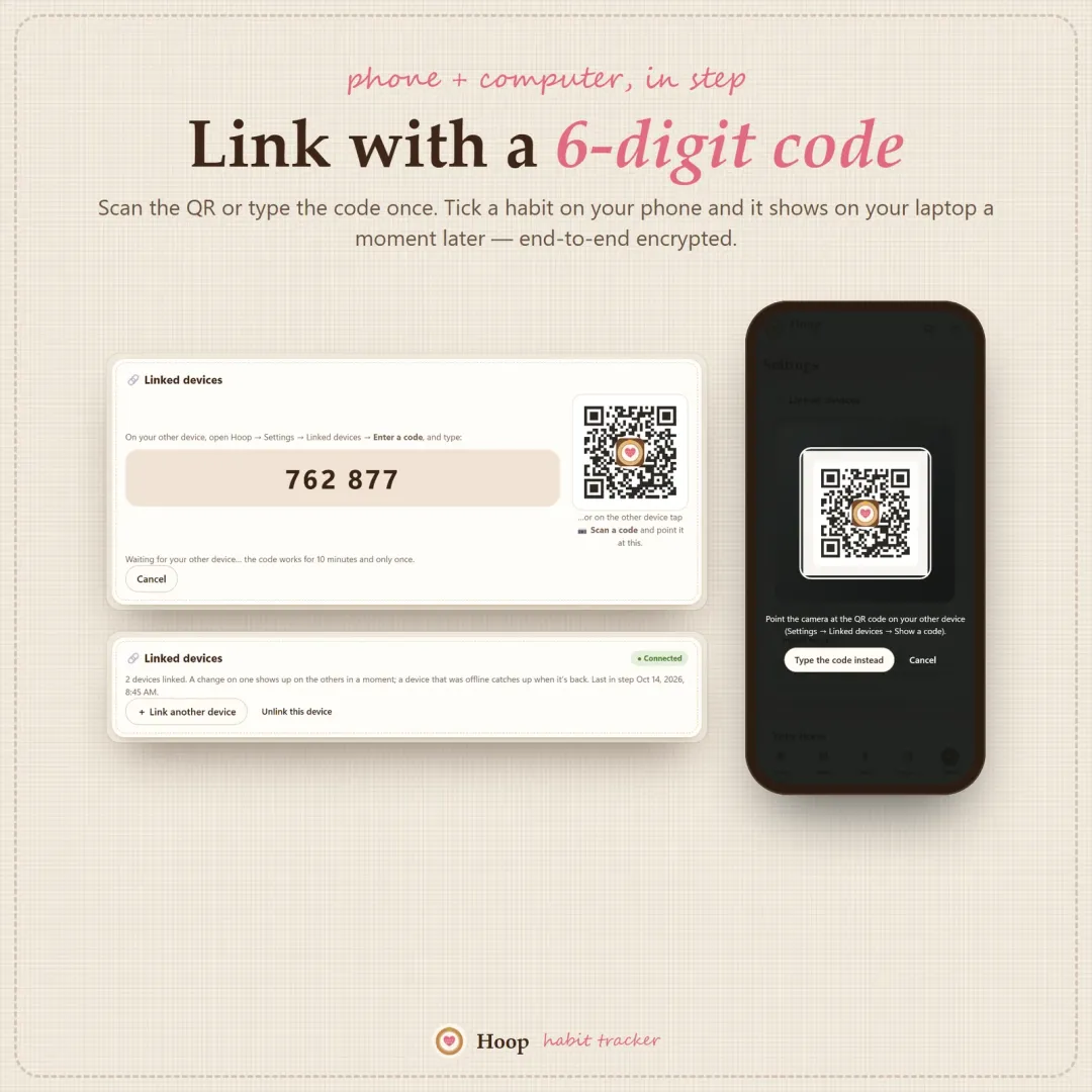 Phone and laptop linked with a 6-digit code or QR