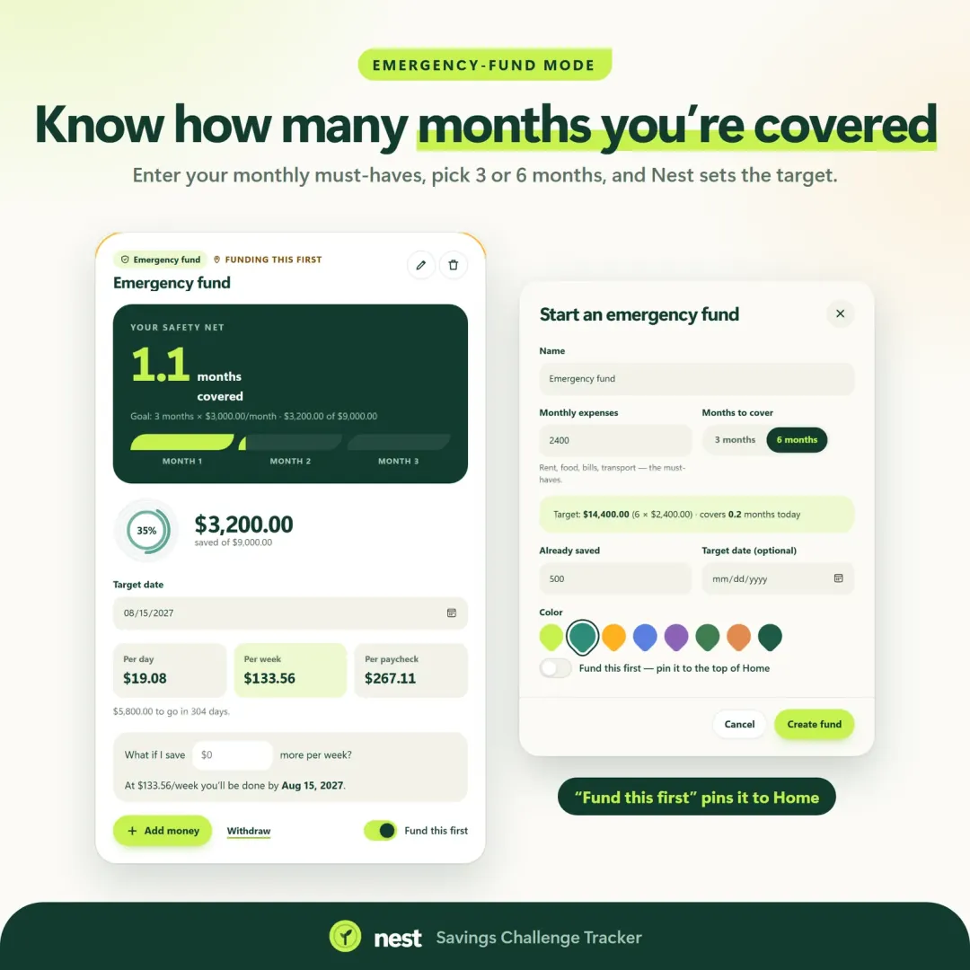 Emergency fund tracker showing months of expenses covered