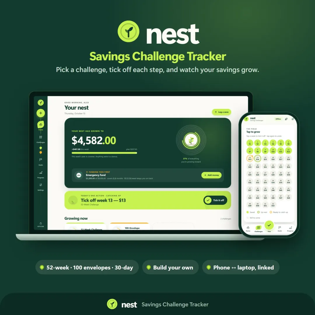 Nest savings challenge tracker with growth rings and a savings garden