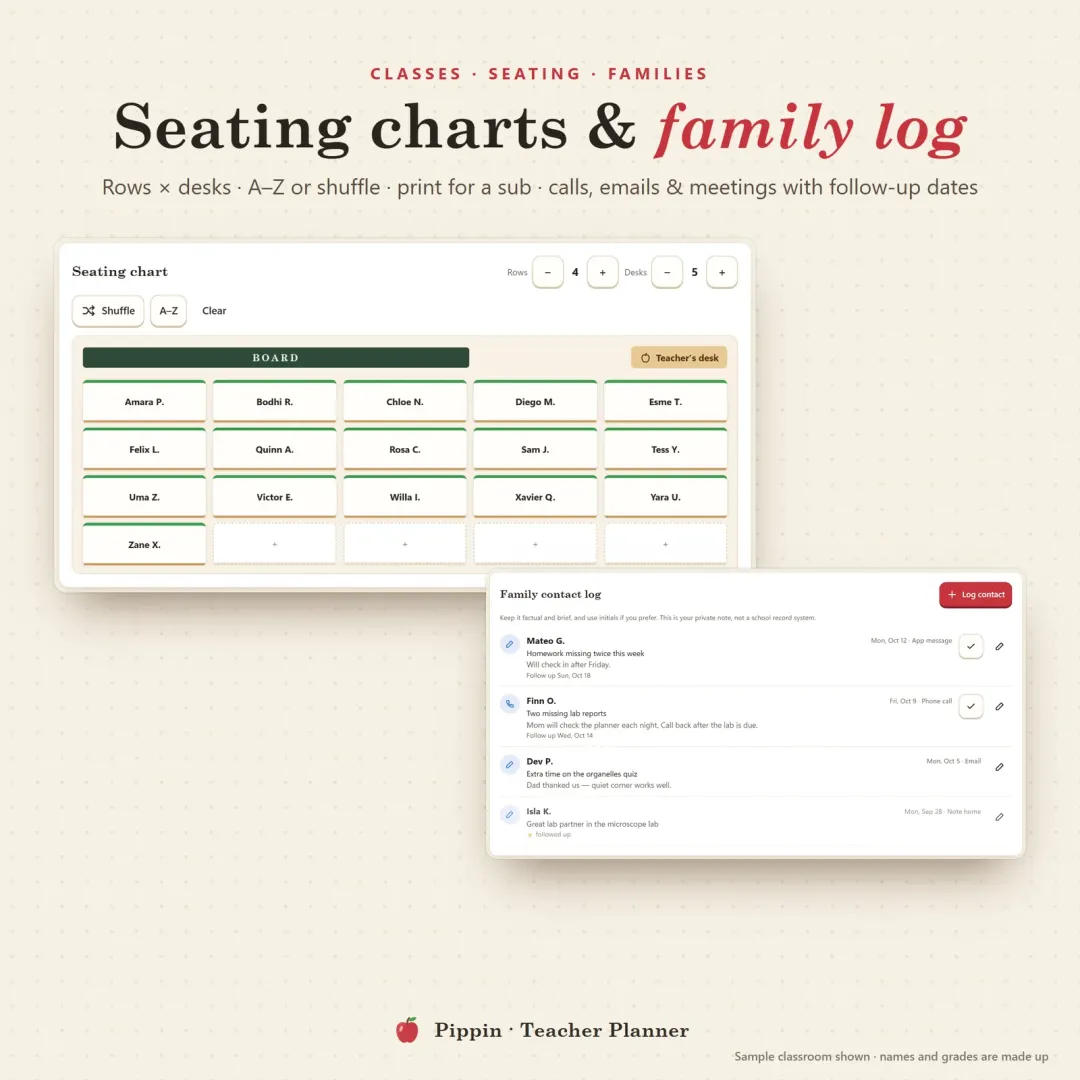 Classroom seating chart with rows of desks, A to Z and shuffle, and a family contact log with follow-up dates