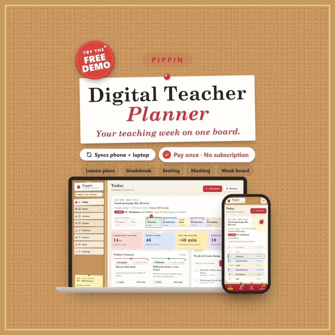 Pippin digital teacher planner on a laptop and a phone, on a cork bulletin board
