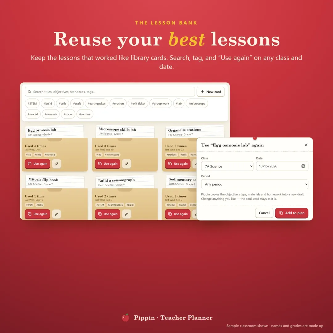 Lesson bank of saved lessons as library cards, with search, tags and a Use again button