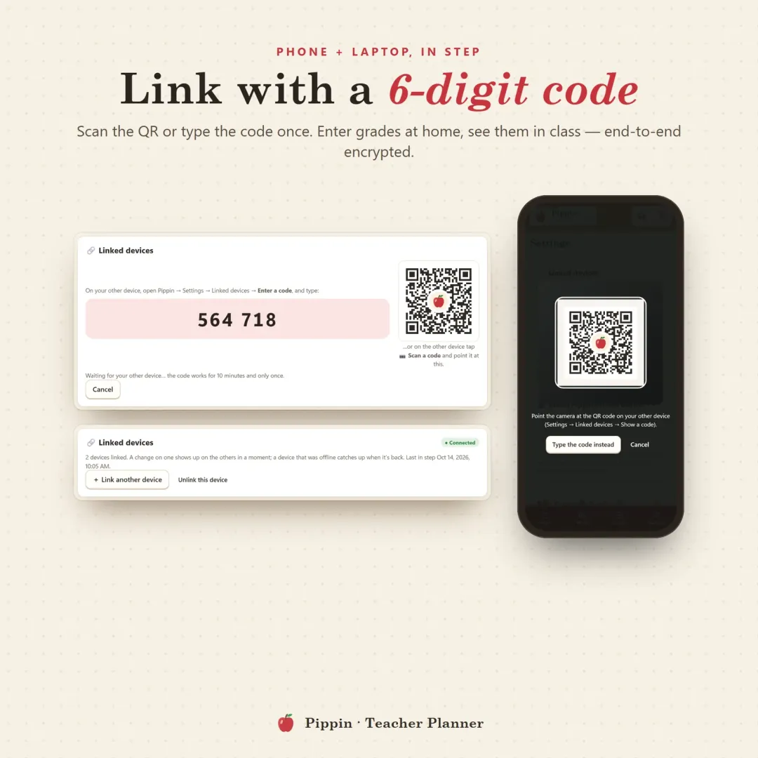 Phone and laptop linked with a 6-digit code or QR