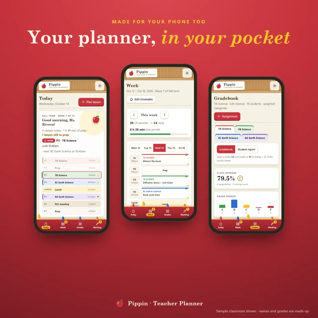 The teacher planner on a phone — Today, the week and the gradebook