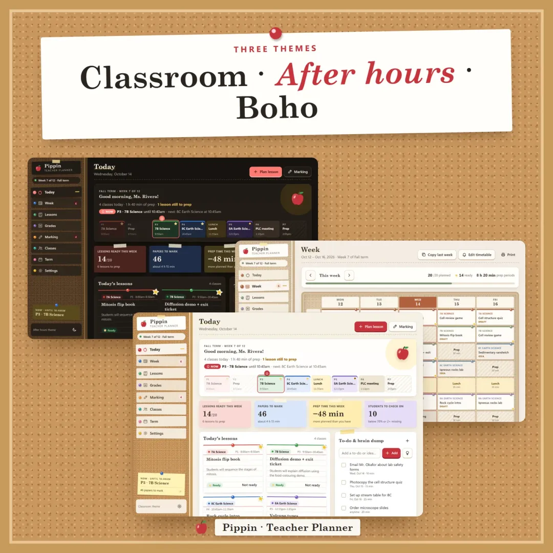 Three themes — Classroom, After hours (dark) and Boho
