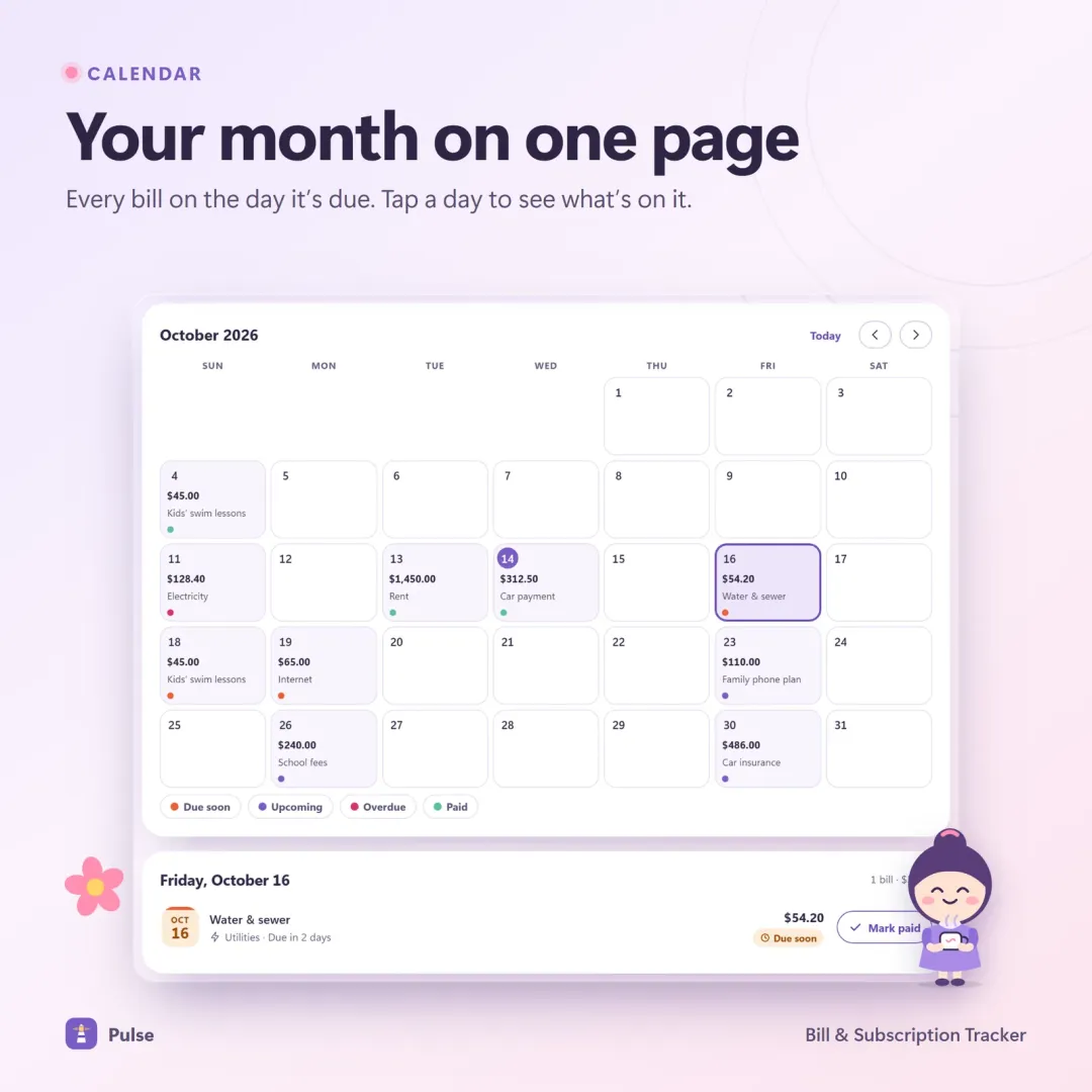 Due date calendar showing every bill on its day