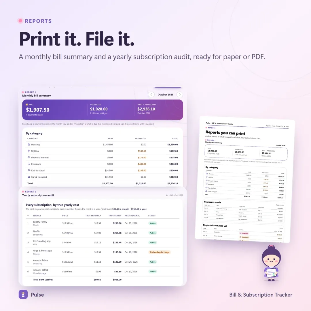 Monthly bill summary and yearly subscription audit