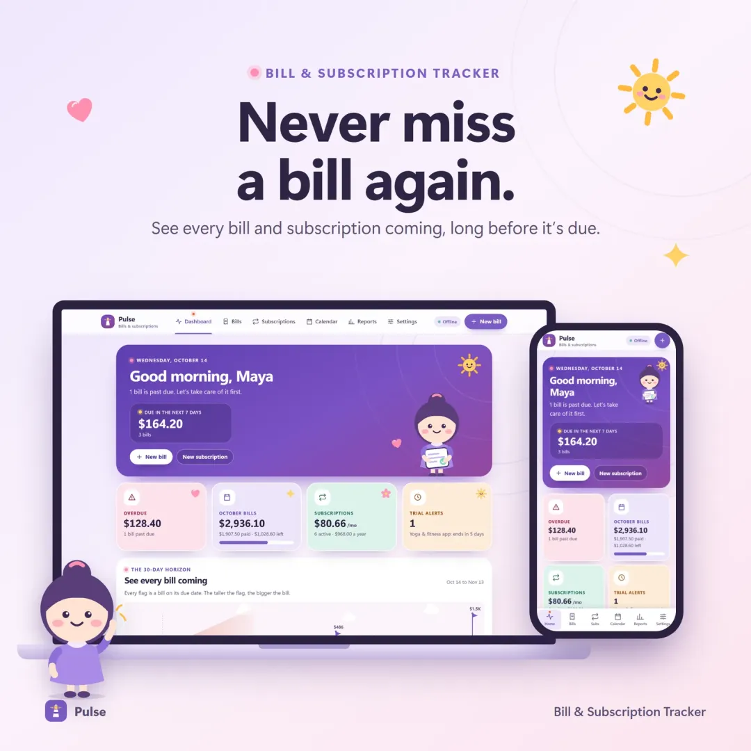 Pulse bill tracker with the 30-day horizon of bill flags and the Penny mascot