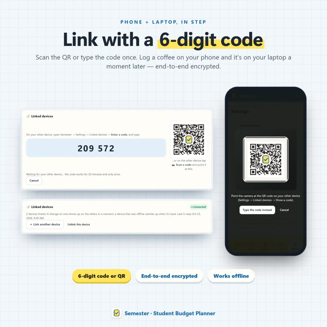 Phone and laptop linked with a 6-digit code or QR