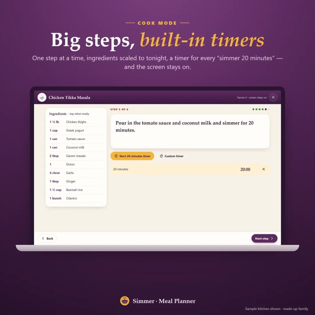 Cook mode with one big step at a time, scaled ingredients and a built-in timer