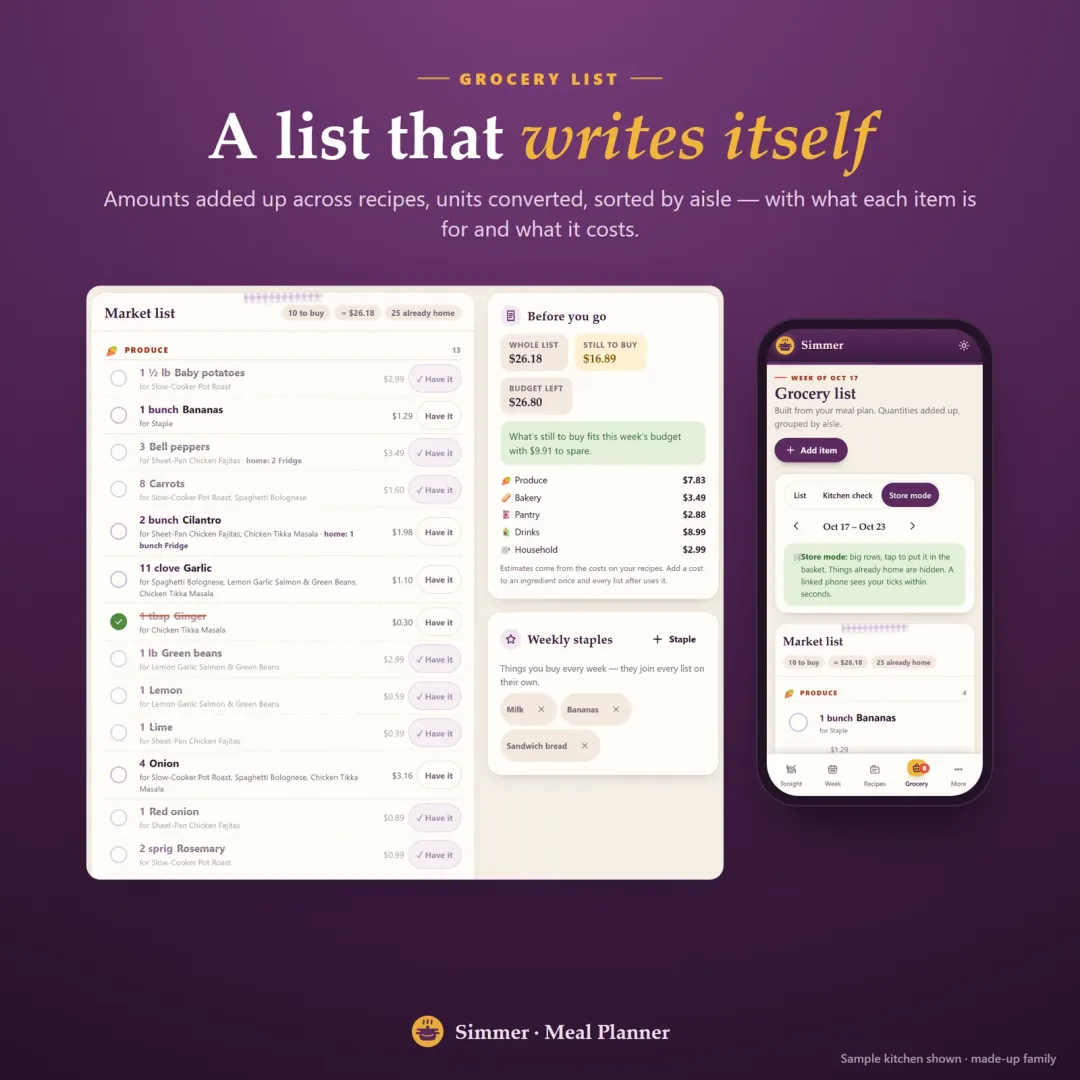 Grocery list built from the meal plan, sorted by aisle, with amounts added up and the cost of each item