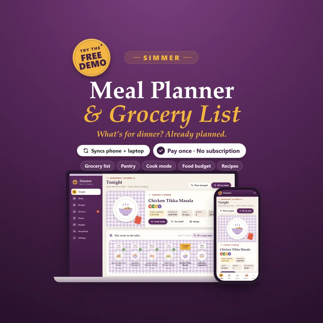 Simmer meal planner app with grocery list on a laptop and a phone, on a lilac gingham tablecloth