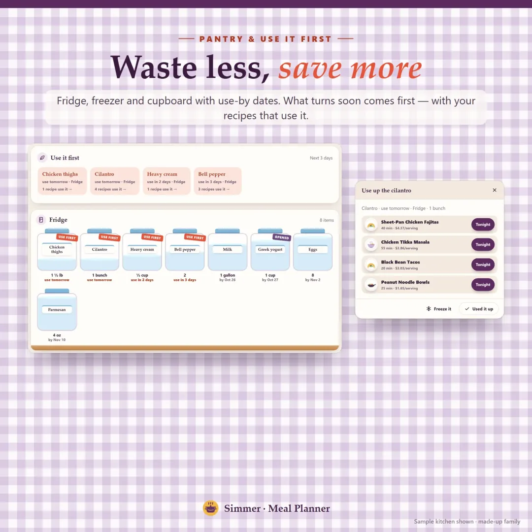 Pantry inventory with fridge, freezer and cupboard jars, use-by dates and recipes that use food first