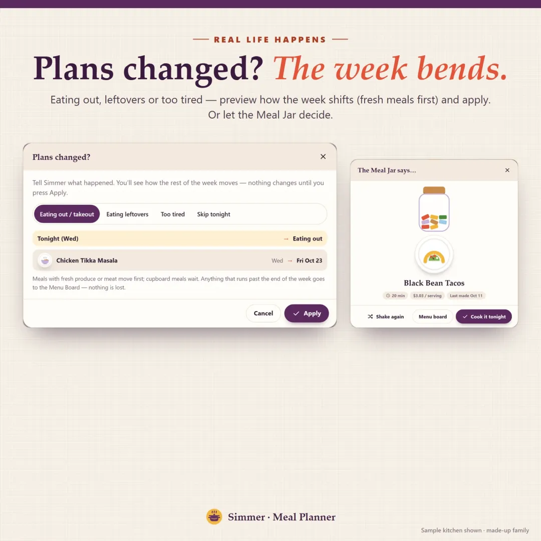 Plans changed preview that moves the week's meals for eating out or leftovers, and a meal jar that picks a dinner