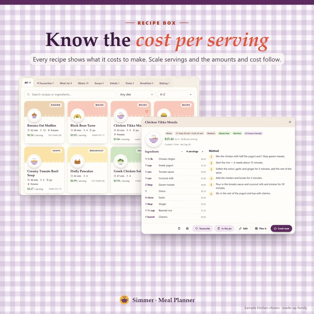 Recipe organizer with recipe cards showing the cost per serving, scaling and diet tags