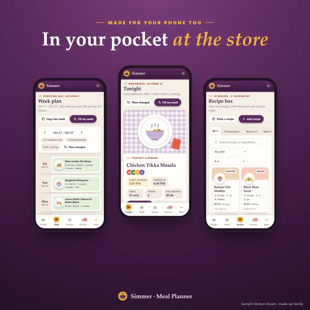 The meal planner app on a phone: week plan, tonight's dinner and recipe box