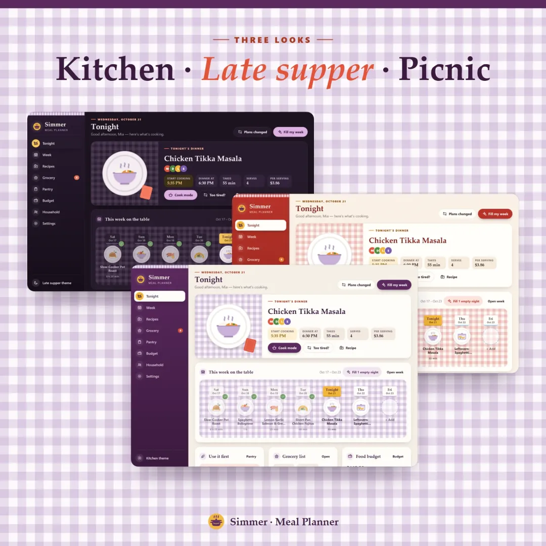 Three themes: Kitchen, Late supper (dark) and Picnic