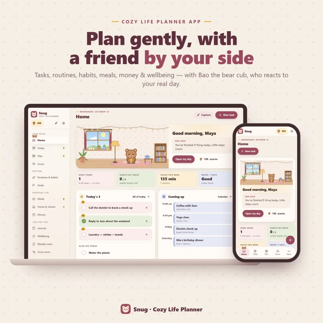 Snug cozy life planner app with Bao the bear cub in a little room, on a laptop and a phone